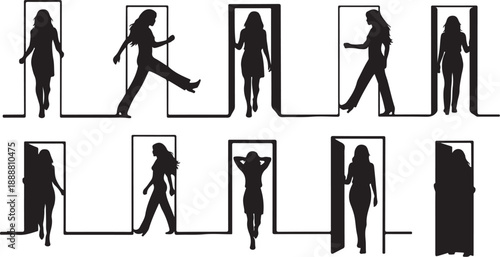 Silhouettes of women in various poses exiting doorways slowly