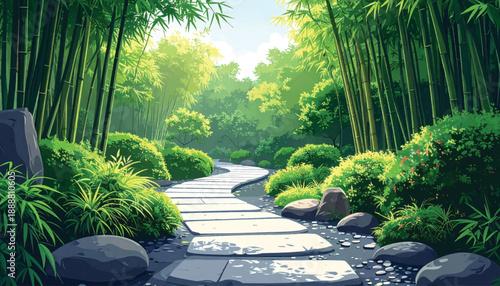 Bamboo trail leading through lush green landscape and stones. Scenic bamboo path surrounded by vibrant greenery and rocks. Pathway through bamboo forest with stones and lush greenery