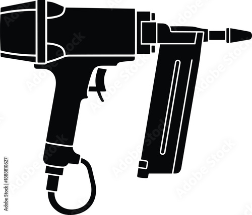 Pneumatic nail gun silhouette, professional power tool for construction and woodworking, industrial carpentry equipment icon, building hardware vector illustration, isolated black finish nailer,