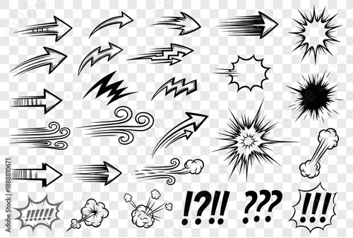 Collection of comic book style arrows, speed lines, and effects