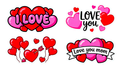 Red Pink Heart Sticker Set Love You Quotes for Mother Day Greeting Card and Valentine Decoration