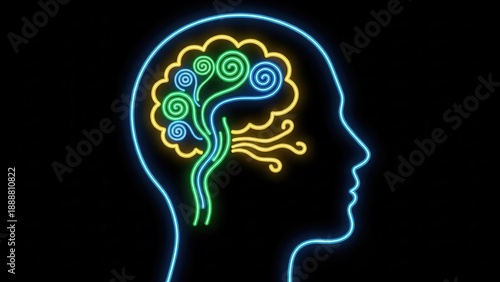 Wallpaper Mural Illuminated neon human head profile depicting complex brain activity and neural connections for Torontodigital.ca