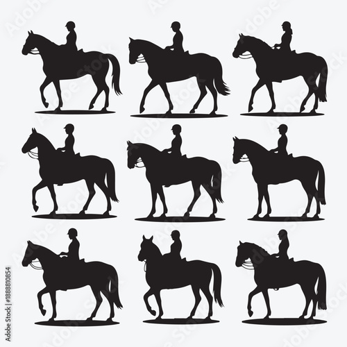A collection of black vector silhouettes featuring a set of wild and farm animals like horses, stallions, and ponies running in nature alongside other wildlife mammals for an icon illustration set