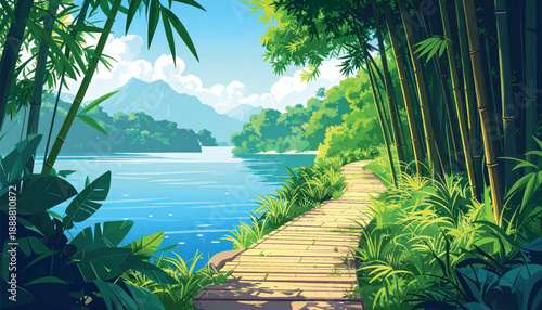 Bamboo path with water reflections and lush greenery. Tranquil bamboo trail beside calm water with green reflections. Scenic bamboo walkway beside lake with reflective water view