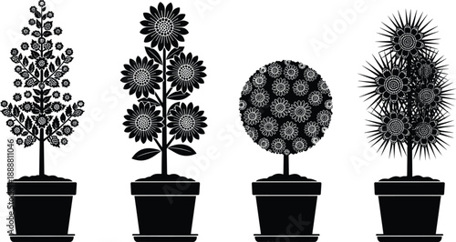 Potted ornamental flower silhouettes set, decorative garden plants with sunflowers and daisies, floral home decor vector, botanical garden icons on white background,