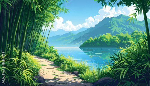 Bamboo trail along serene water with mountain view. Peaceful bamboo pathway beside lake with distant mountains. Tranquil bamboo path leading to scenic mountain lake