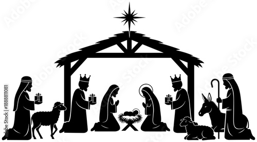 Nativity Scene Silhouette: Baby Jesus in Manger, Mary and Joseph, Wise Men, Shepherds, Animals, Star of Bethlehem, Black and White, Religious Christmas Illustration