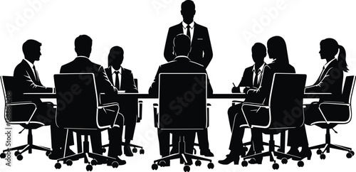 Professional business meeting silhouette, corporate boardroom discussion, leadership seminar with executive manager speaking, group of colleagues 