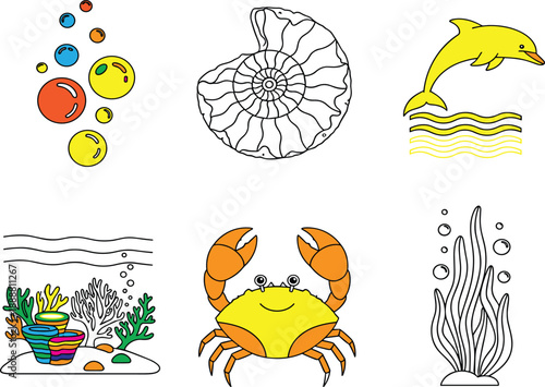 Cute ocean elements vector set with crab, dolphin, seashell, bubbles, coral reef, and sea plants in colorful cartoon style