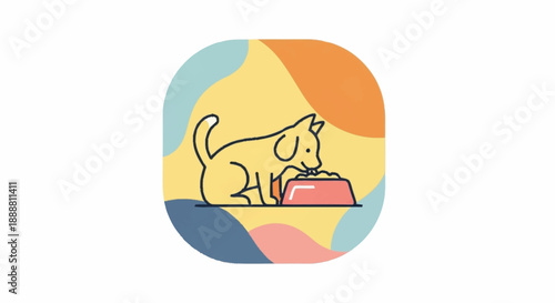 Illustration of a pet dog happily eating from its food bowl, depicted in a minimalist, modern cartoon style with a colorful abstract background