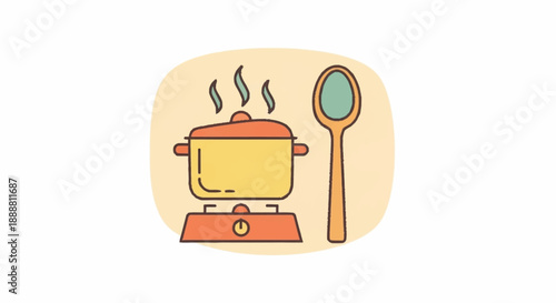 Culinary cooking pot with steam on a stove with a serving spoon, representing food preparation and kitchen activities