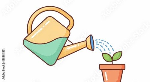 Vibrant flat design illustration showcasing a yellow watering can gently pouring blue water onto a small green sprout growing 