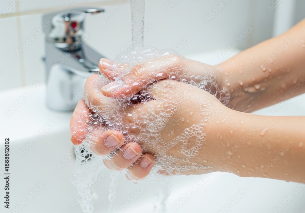 Fototapeta premium Close up of hands being washed with soap and water in a sink