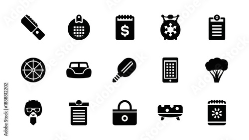 Comprehensive collection of sleek black silhouette vector icons, depicting diverse everyday objects and essential concepts for modern graphic design, user interface development, and digital projects