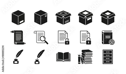 Collection of icons representing various aspects of logistics, documentation, and literature