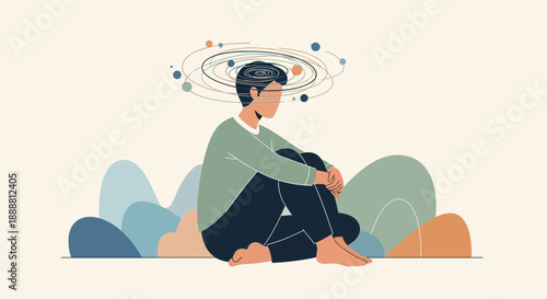Man in thoughtful pose with swirling thoughts over head, illustration