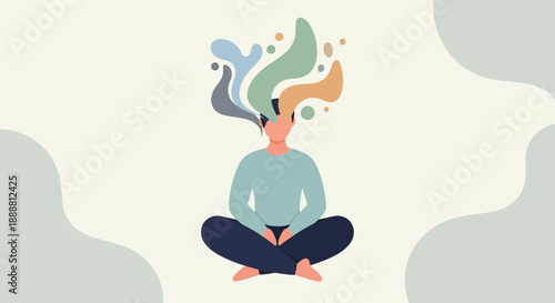 Person Meditating with Colorful Abstract Thoughts Emerging from Head