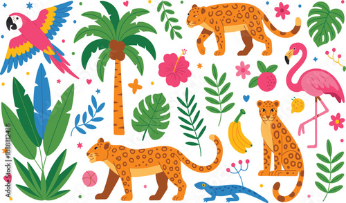 Cute tropical jungle animals and plants vector set with leopards flamingo parrot palm leaves fruits and flowers for kids illustration