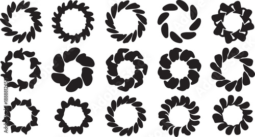 Collection of black floral wreath designs on white background