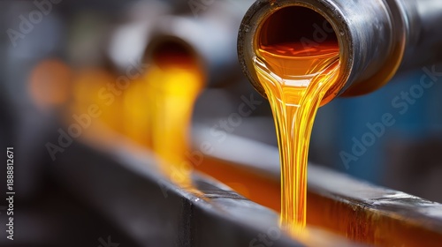 Golden viscous liquid gushes from a pipe, another stream blurs. Ideal for illustrating energy, industry, fuel, or liquid production.