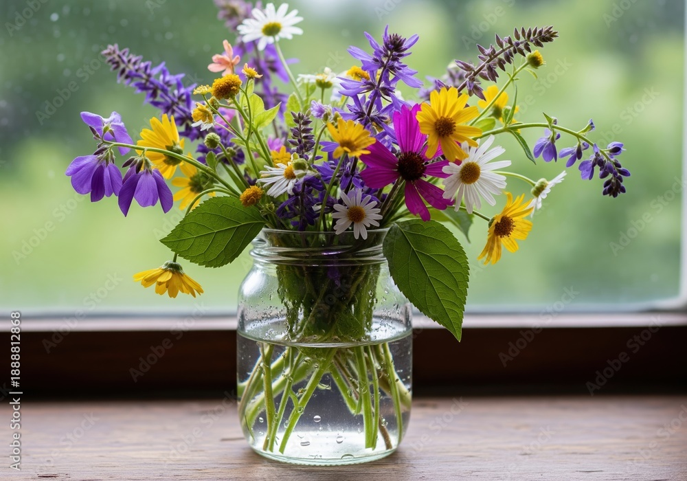 custom made wallpaper toronto digitalVibrant and Freshly Picked Wildflower Bouquet in a Glass Jar on a Rustic Windowsill
