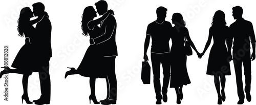 Romantic couple silhouettes vector illustration set, lovers hugging kissing and walking together, black isolated man and woman figures for love relationship concept
