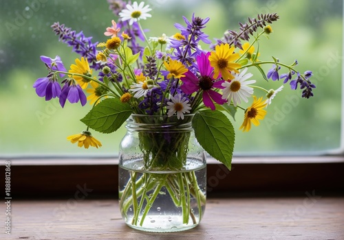 Wallpaper Mural Vibrant and Freshly Picked Wildflower Bouquet in a Glass Jar on a Rustic Windowsill Torontodigital.ca