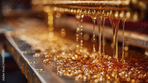 Viscous golden syrup pours and drips from a metal bar. Ideal for food ads, manufacturing, or sweet product concepts.