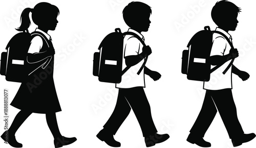 School children walking silhouette vector illustration set, students carrying backpacks on way to school, black isolated kid figures for education concept