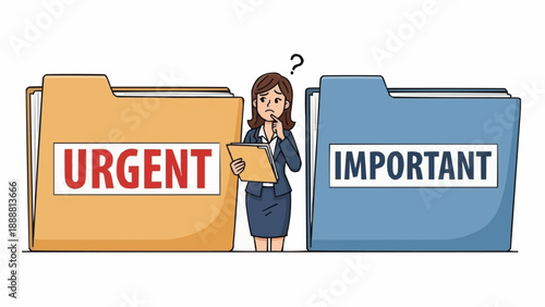 Woman choosing between urgent and important tasks.