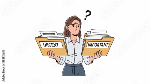 Woman confused between urgent and important tasks illustration.