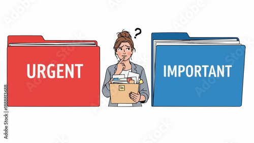 Woman confused between urgent and important files.