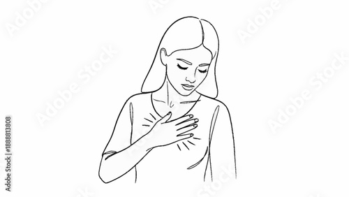 Woman holding hand over heart feeling emotion.