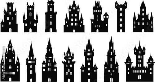 Set of black castle silhouettes, medieval fortress icons, ancient tower outlines, gothic palace graphics, vector architectural elements for fantasy maps and fairytale designs.