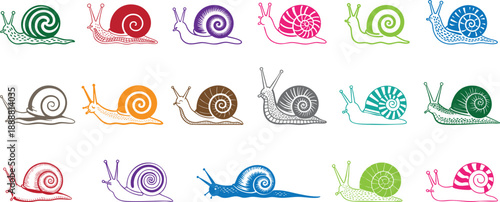 Colorful Unique hand-drawn snail designs in black clipart collection, wave-patterned shell, stylized Snail Icons, detailed spiral shell and a speckled body vector art.