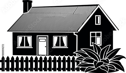 Black and white illustration of a house with fence and plants
