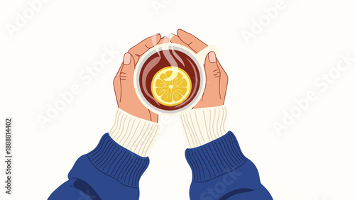 Top view of person hands holding a white mug filled with hot dark tea and a fresh lemon slice inside for a cozy winter mood.