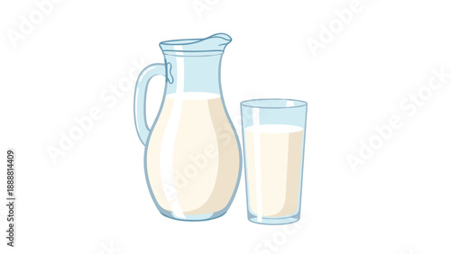 Fresh white milk in a transparent glass pitcher and a drinking glass set against a clean white background for dairy product concept.