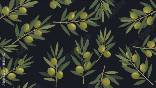 Seamless pattern of olive tree branches with green fruits and leaves arranged on a dark blue background for Mediterranean theme design.
