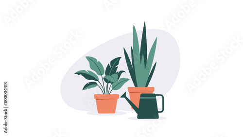 Indoor green plants in terracotta pots standing next to a dark green watering can against a light abstract shape background for home gardening.
