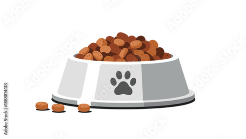 Gray pet bowl filled with brown dry food featuring a paw print icon and scattered pieces on a plain white background for animal care.