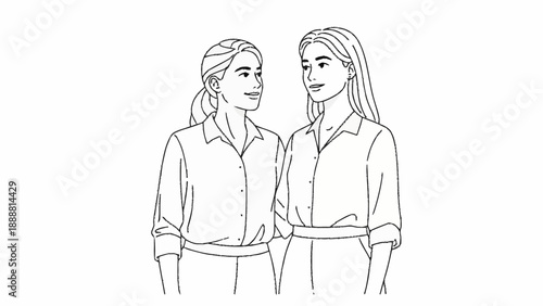 Two young women standing together looking at each other in a line drawing.