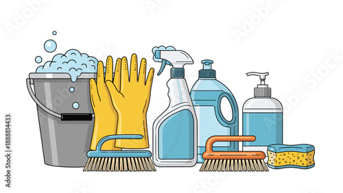 Variety of cleaning products including a bucket with soap bubbles, yellow gloves, spray bottle, sponge, and brushes on white background.