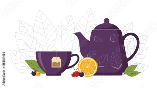 Cozy tea time composition featuring a purple teapot with leaf patterns, a matching cup with a tea bag, and an orange slice on white background.