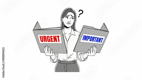 Woman choosing between urgent and important tasks with a question mark above her head.