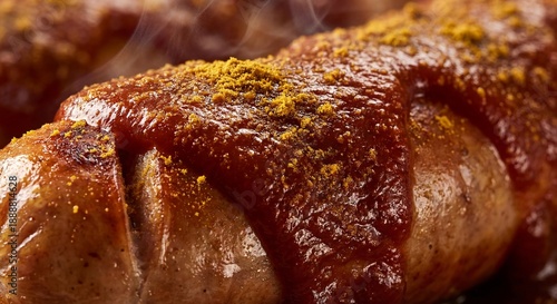 Delicious grilled currywurst sausage with red ketchup sauce and curry powder closeup. Hot german street food, tasty meat, roasted pork texture, bbq snack, fast lunch, unhealthy meal, fatty bratwurst.