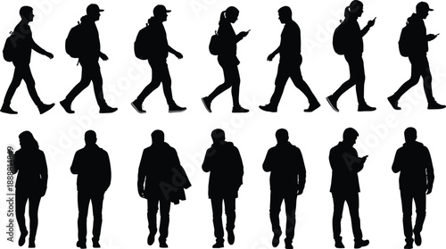 Set of black vector silhouettes featuring diverse people walking with backpacks, commuters using phones, travelers with luggage, and athletes in active motion,