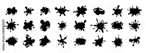 Black smooth ink shiny blob form collection. Splash with glossy drops, round abstract shapes silhouette liquid. Soft fluid organic puddle border, frame. Current drops. Ink Paint fall down liquid.