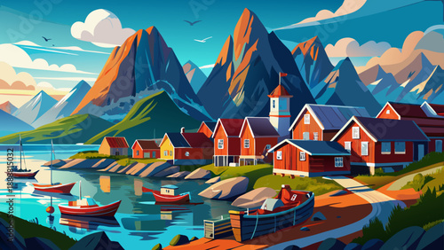Very beautiful panoramic view of Reine fishing village in the Lofoten Islands, Norway, reveals dramatic peaks, turquoise waters, and iconic red cabins framed by Arctic coastal serenity.