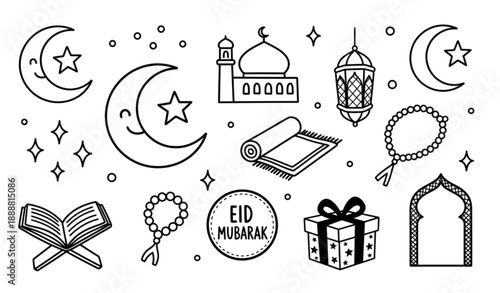 Hand Drawn Black and White Islamic Eid Mubarak Doodle Icon Collection Vector